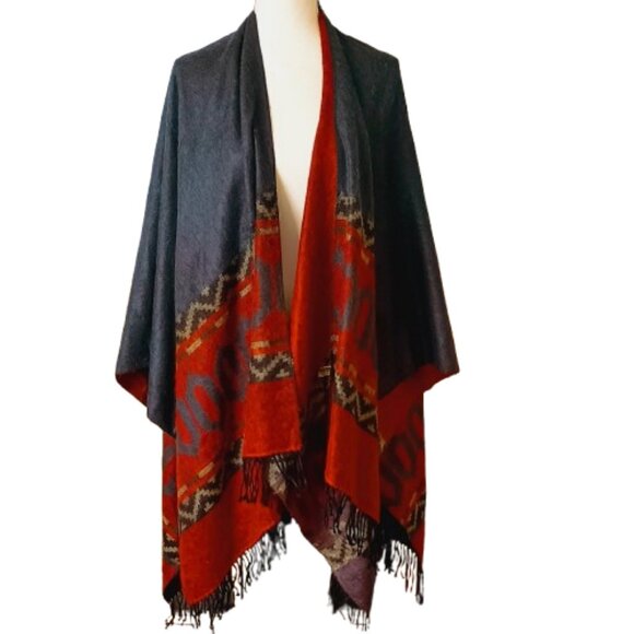 Forum Panco Tassel Open Poncho Gray Red Southwestern Pattern Shawl Cape Wrap - Picture 1 of 7
